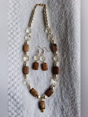 Pearl & Brown Stone Necklace with Matching Earrings